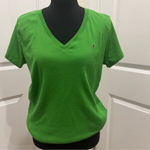 Tommy Hilfiger Bright Green V-Neck Cotton Tee XL Womens